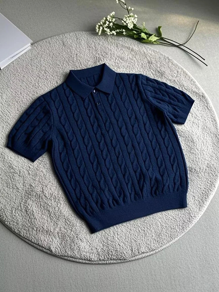 Men's Slim Fit Jacquard Knitted Polo Shirt | Summer Casual Twist Knit Button Neck Top | M–XXXL