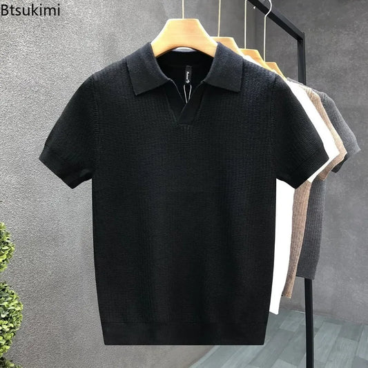 2026 Men's Summer Polo Shirt Korean Style Slim Wrinkle Resistant Collar Solid Color T-Shirts Casual Thin Sleeve Trendy Knit Tops