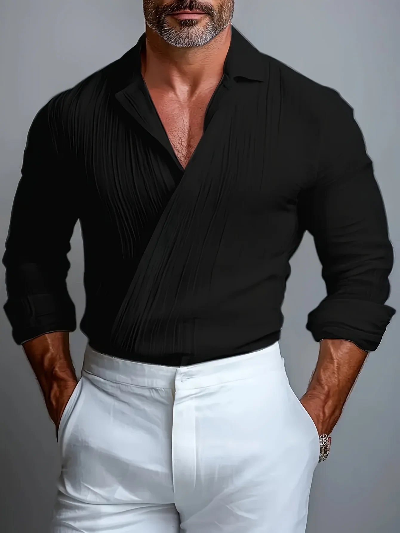 Men's Pleated Textured Dress Shirt | V-Neck | Long Sleeve | Old Money Style | Autumn Collection