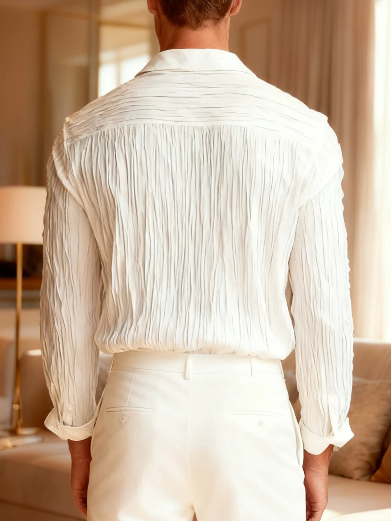 Men's Pleated Textured Dress Shirt | V-Neck | Long Sleeve | Old Money Style | Autumn Collection