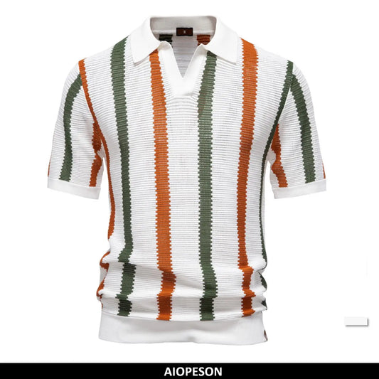 Men's Ribbed Knit Striped Polo Shirt | Breathable Contrast Color Casual Polo | S–XXL (EUR Sizing)