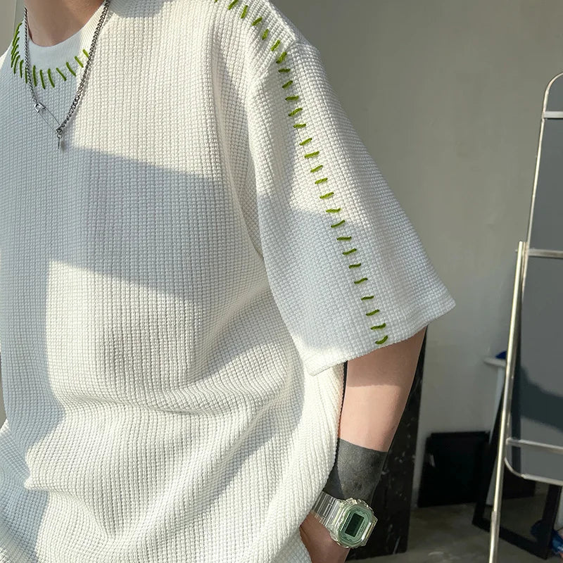 Men's Manual Suture Patchwork Harajuku T-Shirt | Oversized Neutral Casual Tee | Half Sleeve | Breathable Polyester | 3 Colors | Asia M-XXL