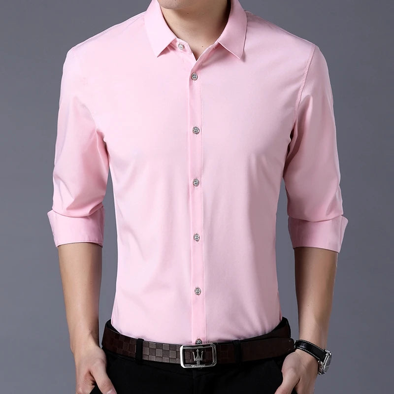 Men's Stretch Twill Long Sleeve Shirt | Plaid Pattern | Slim Fit | Business Casual | Turn-Down Collar | 6 Colors | S-XXXL