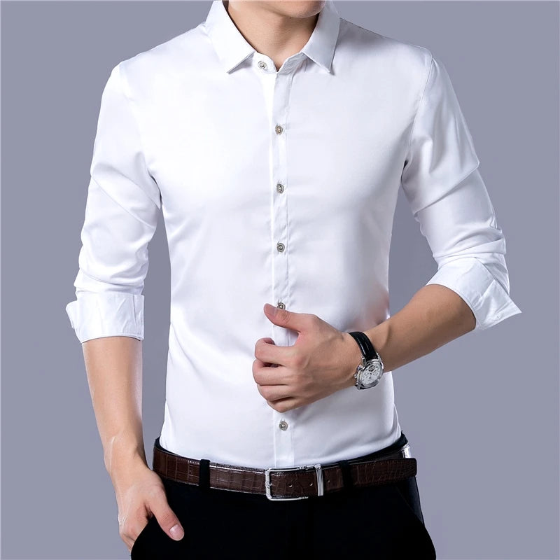 Men's Stretch Twill Long Sleeve Shirt | Plaid Pattern | Slim Fit | Business Casual | Turn-Down Collar | 6 Colors | S-XXXL