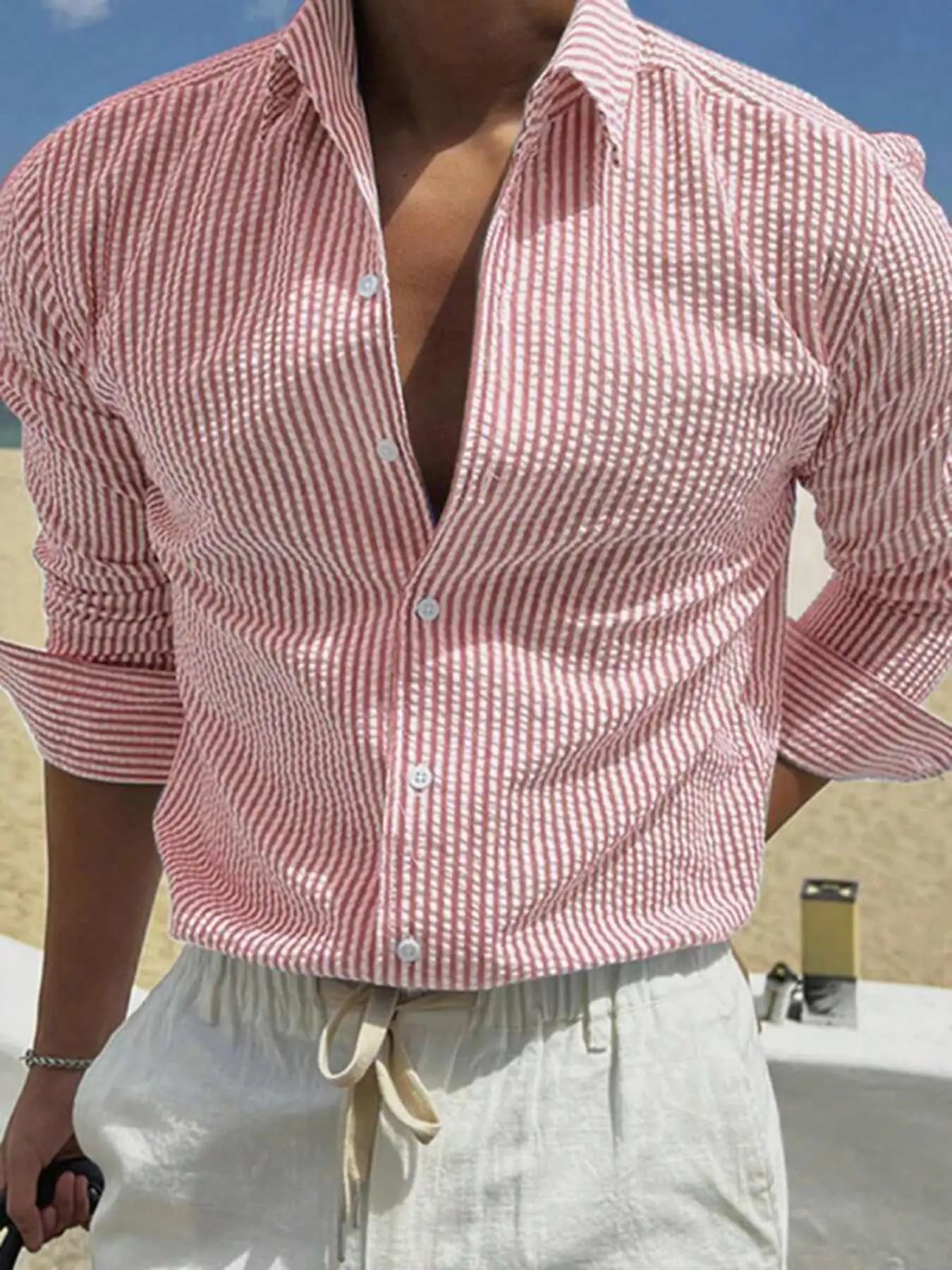 Men's Long Sleeve Striped Casual Shirt | Loose Fit | Single Breasted | Lightweight Polyester | 7 Colors | S-XXL | Spring & Autumn