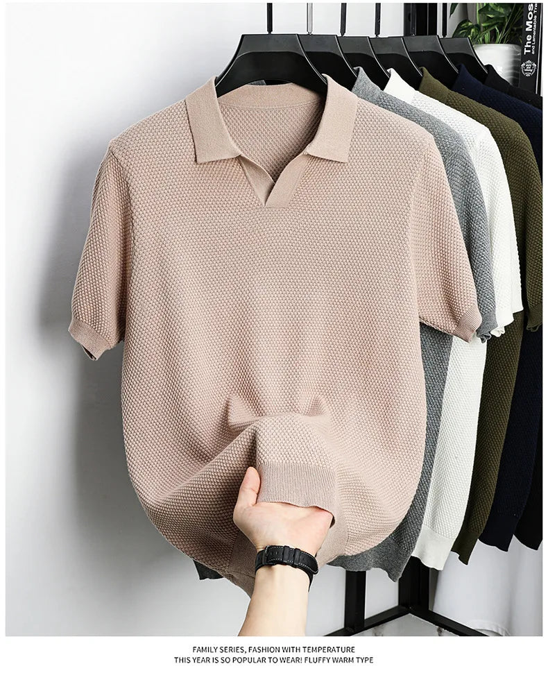 Men's Premium 100% Cotton Lapel Polo Shirt — Knitted, Short Sleeve, Casual & Versatile Summer Top