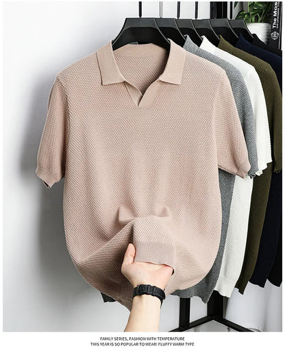 Men's Premium 100% Cotton Lapel Polo Shirt — Knitted, Short Sleeve, Casual & Versatile Summer Top