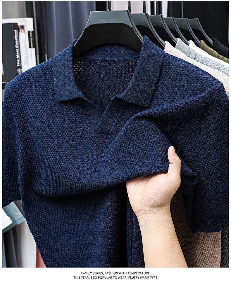 Men's Premium 100% Cotton Lapel Polo Shirt — Knitted, Short Sleeve, Casual & Versatile Summer Top