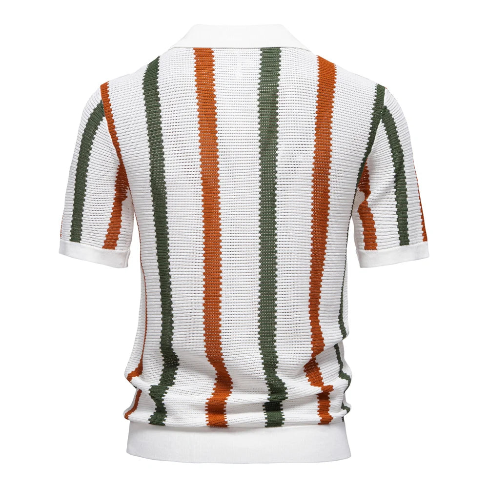 Men's Ribbed Knit Striped Polo Shirt | Breathable Contrast Color Casual Polo | S–XXL (EUR Sizing)