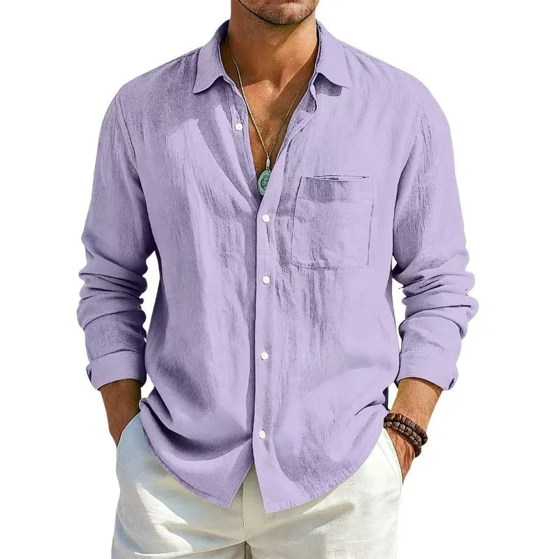 Men's Linen Cotton Casual Shirt | Turn-Down Collar | Long Sleeve | Old Money Style | 10 Colors