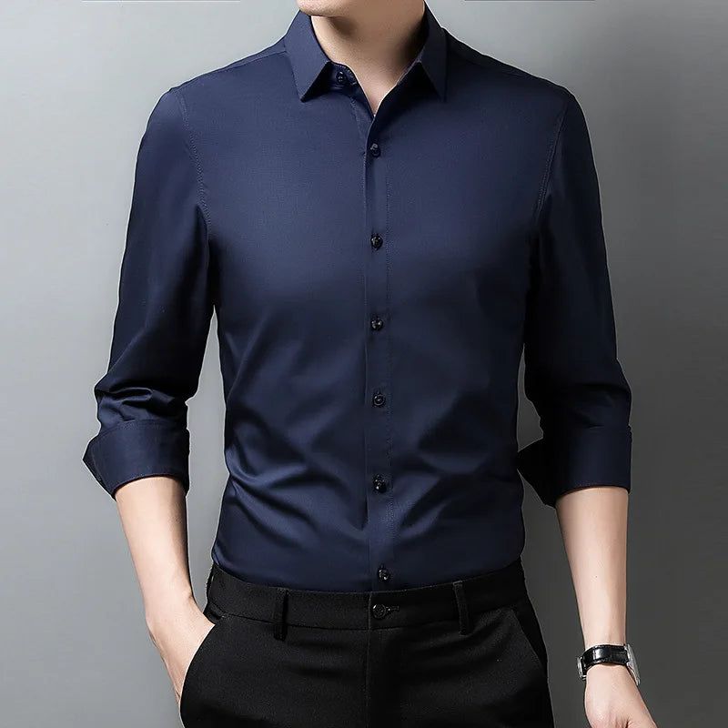 Men's Stretch Twill Long Sleeve Shirt | Plaid Pattern | Slim Fit | Business Casual | Turn-Down Collar | 6 Colors | S-XXXL