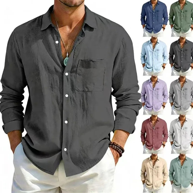 Men's Linen Cotton Casual Shirt | Turn-Down Collar | Long Sleeve | Old Money Style | 10 Colors