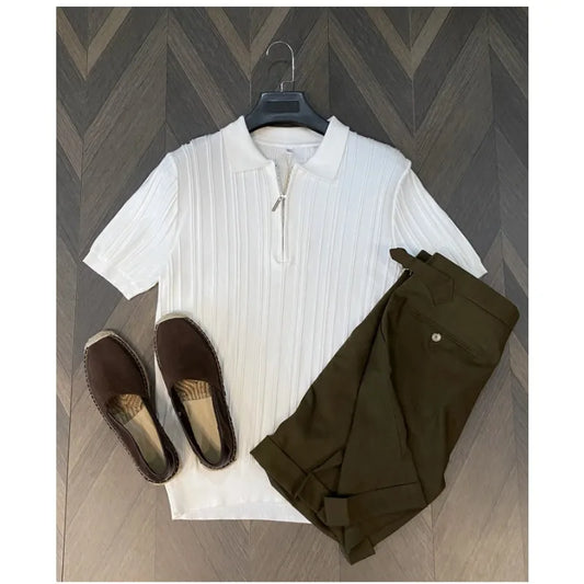 Men's Jacquard Knit Polo Shirt | Vintage American Zipper Short Sleeve Elastic Cotton Top | M–XXXL