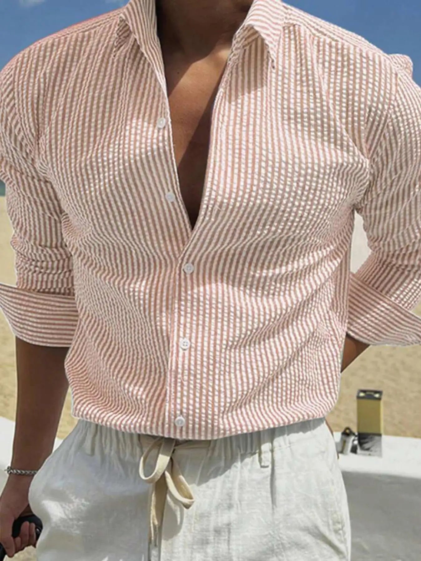 Men's Long Sleeve Striped Casual Shirt | Loose Fit | Single Breasted | Lightweight Polyester | 7 Colors | S-XXL | Spring & Autumn