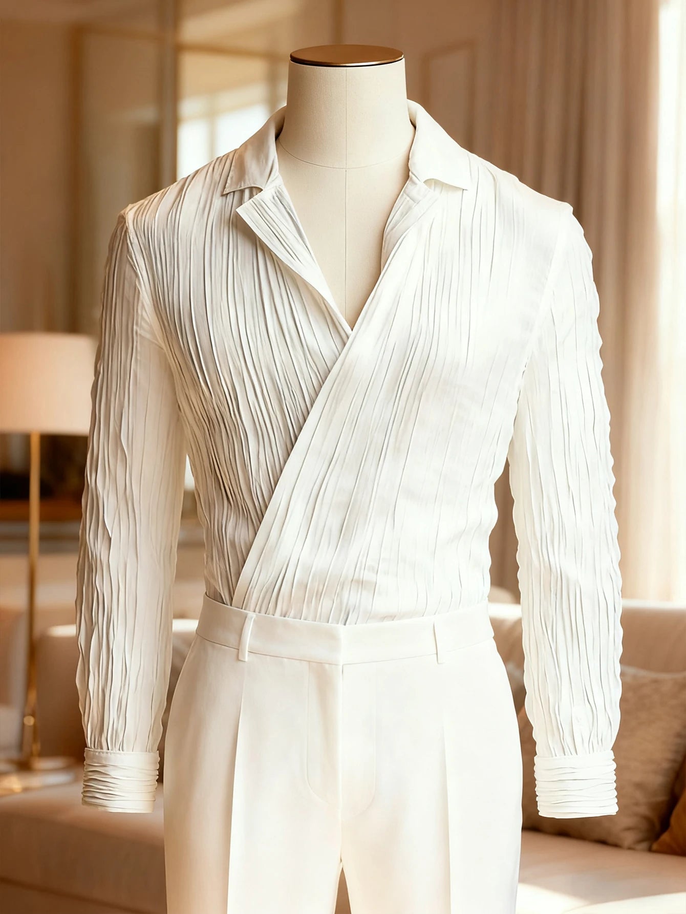 Men's Pleated Textured Dress Shirt | V-Neck | Long Sleeve | Old Money Style | Autumn Collection