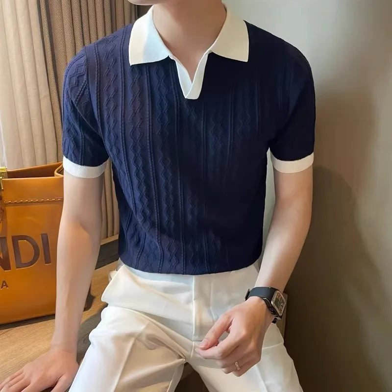 Luxora Men's 2026 Knitted Jacquard Polo Shirt — Slim Fit Breathable Lapel Tee | Summer Casual & Smart Casual | Navy Blue & White