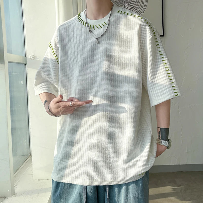 Men's Manual Suture Patchwork Harajuku T-Shirt | Oversized Neutral Casual Tee | Half Sleeve | Breathable Polyester | 3 Colors | Asia M-XXL