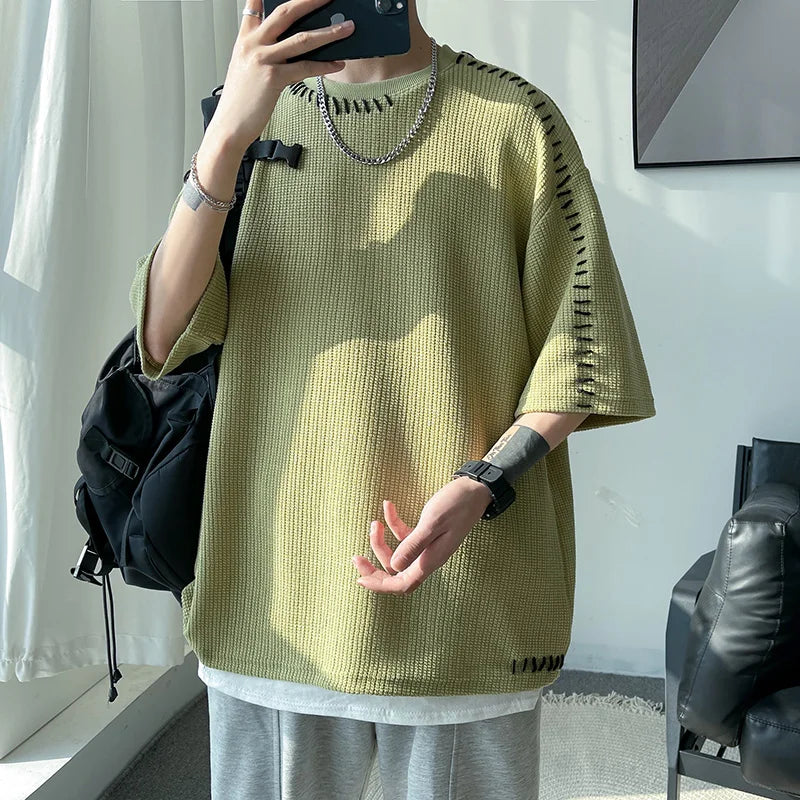 Men's Manual Suture Patchwork Harajuku T-Shirt | Oversized Neutral Casual Tee | Half Sleeve | Breathable Polyester | 3 Colors | Asia M-XXL
