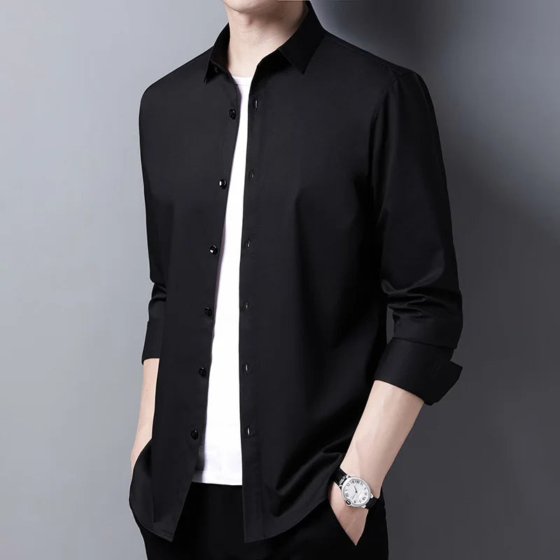 Men's Stretch Twill Long Sleeve Shirt | Plaid Pattern | Slim Fit | Business Casual | Turn-Down Collar | 6 Colors | S-XXXL