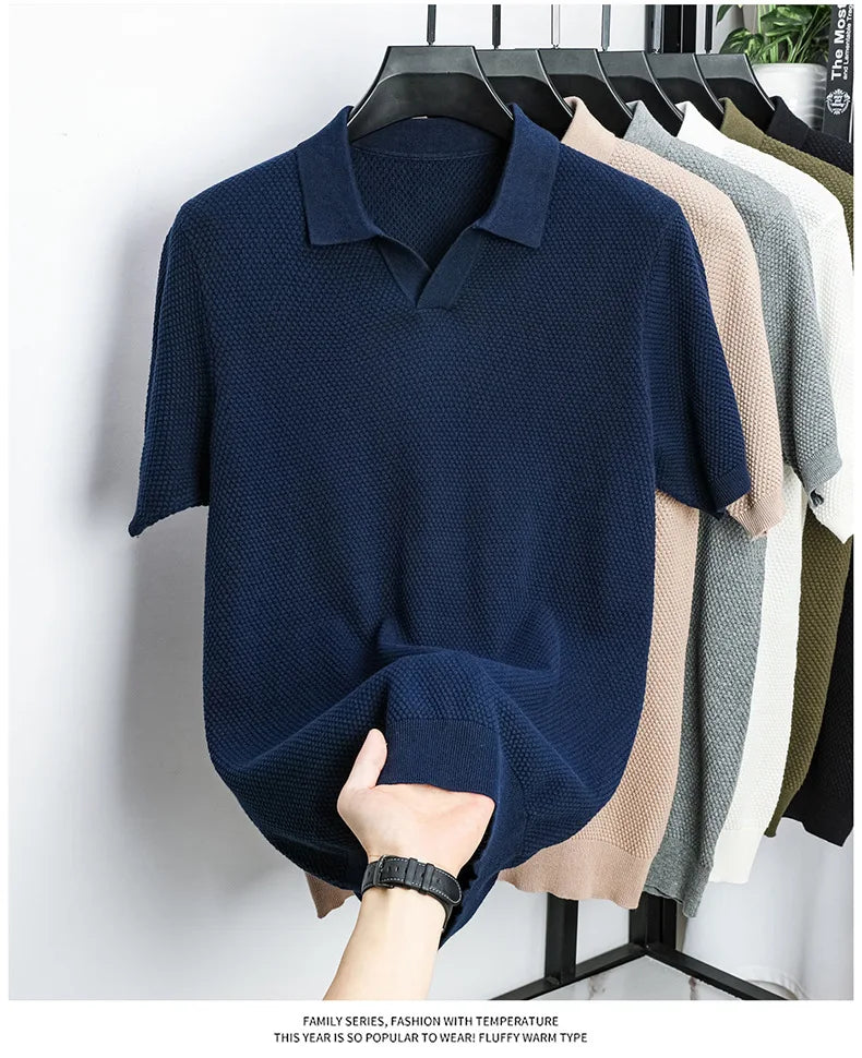 Men's Premium 100% Cotton Lapel Polo Shirt — Knitted, Short Sleeve, Casual & Versatile Summer Top