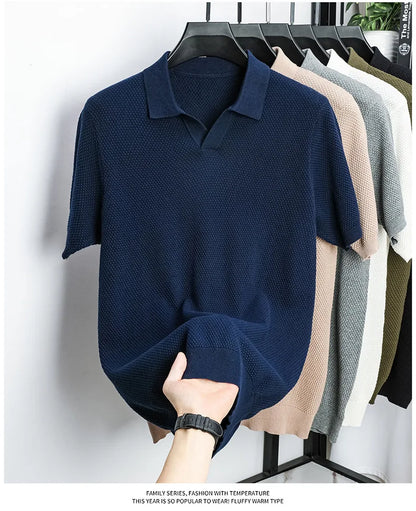 Men's Premium 100% Cotton Lapel Polo Shirt — Knitted, Short Sleeve, Casual & Versatile Summer Top