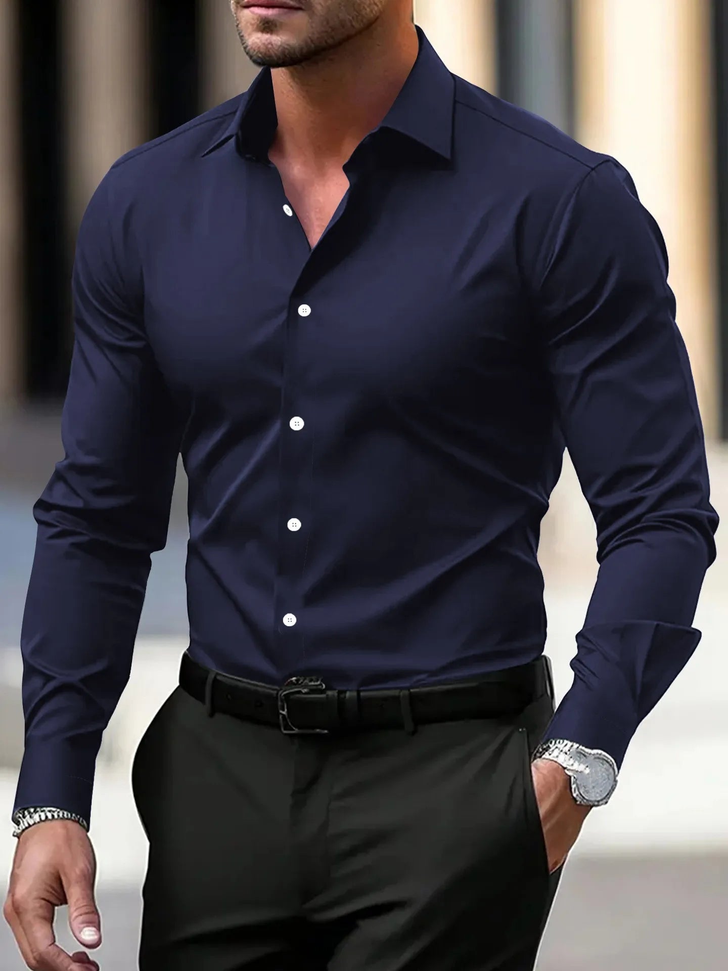 Men's Wrinkle-Free Long Sleeve Dress Shirt | Slim Fit | Business Casual | Turn-Down Collar | 11 Colors | S-5XL