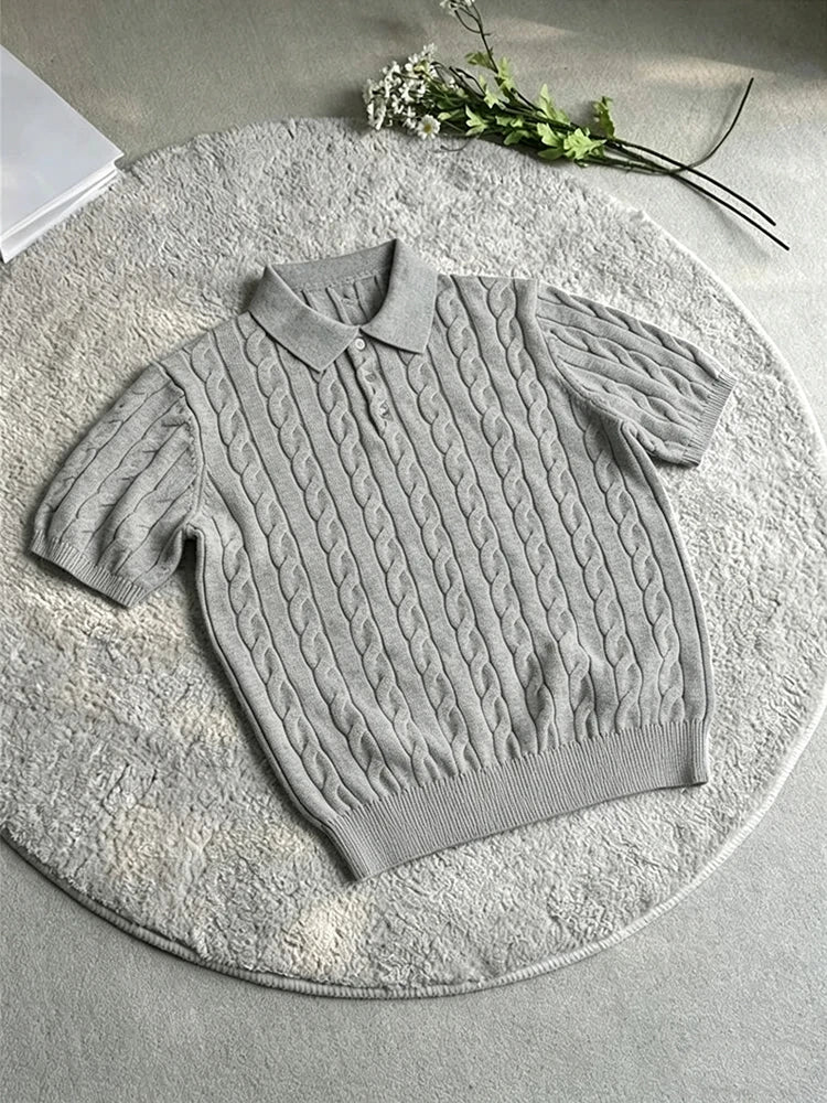 Men's Slim Fit Jacquard Knitted Polo Shirt | Summer Casual Twist Knit Button Neck Top | M–XXXL