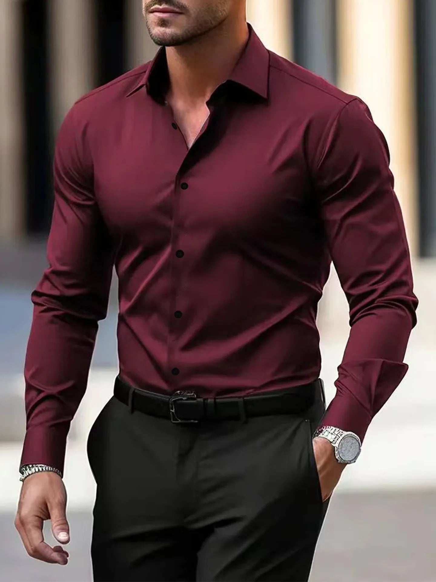 Men's Wrinkle-Free Long Sleeve Dress Shirt | Slim Fit | Business Casual | Turn-Down Collar | 11 Colors | S-5XL
