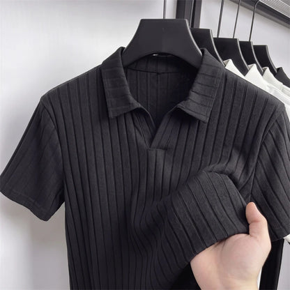 Men's Premium Ribbed Knit Polo Shirt — Soft Elastic, Breathable, Business & Casual