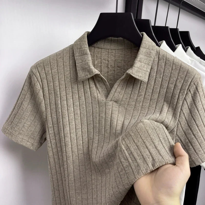Men's Premium Ribbed Knit Polo Shirt — Soft Elastic, Breathable, Business & Casual