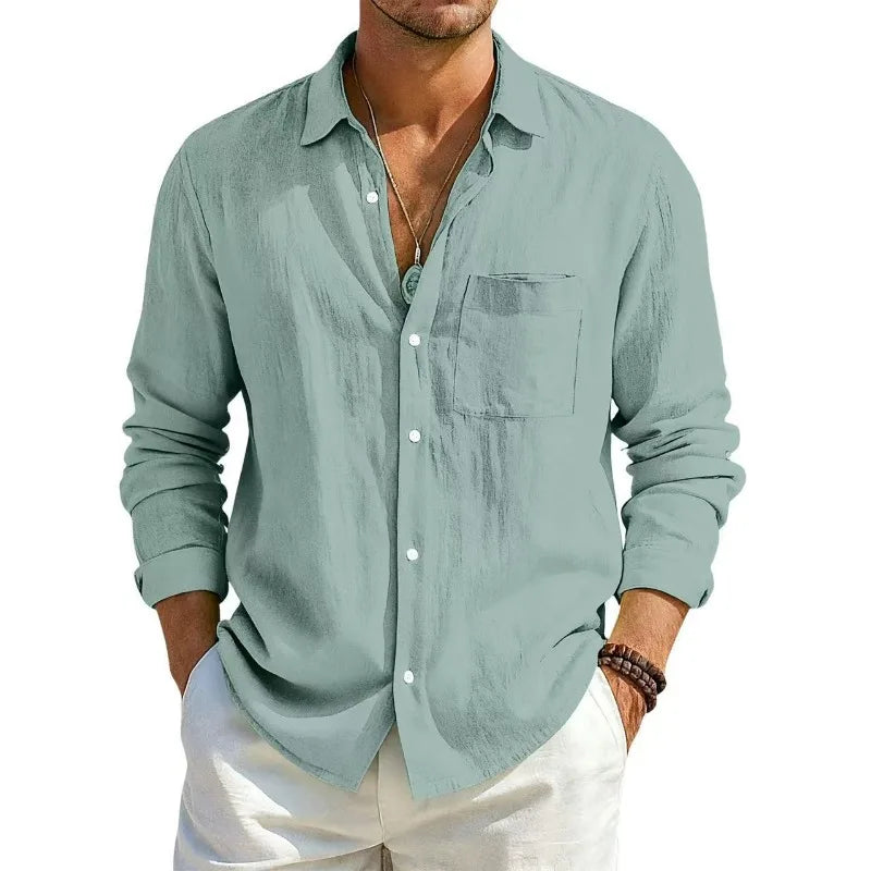 Men's Linen Cotton Casual Shirt | Turn-Down Collar | Long Sleeve | Old Money Style | 10 Colors