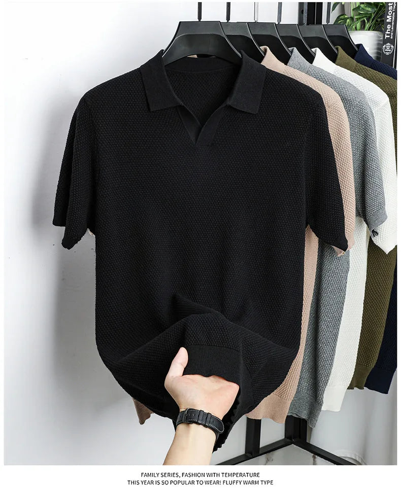 Men's Premium 100% Cotton Lapel Polo Shirt — Knitted, Short Sleeve, Casual & Versatile Summer Top