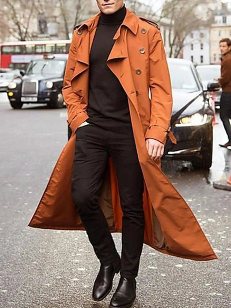 Men's British Style Trench Coat | Double Breasted Overlong Epaulet Jacket | S–XXL