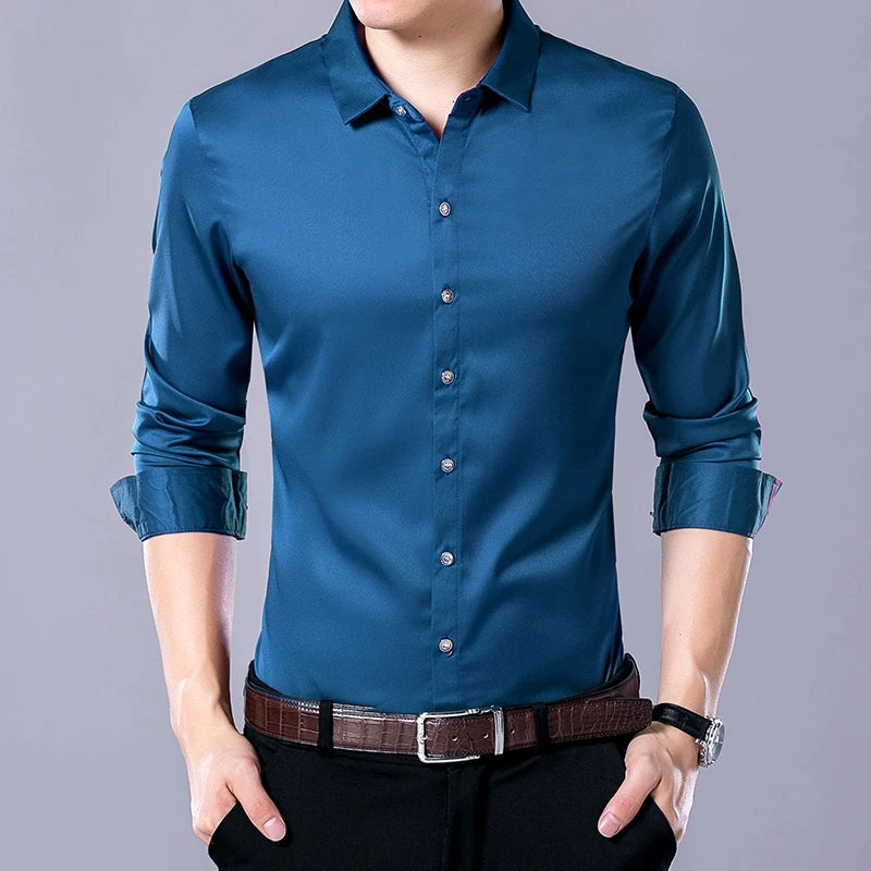 Men's Stretch Twill Long Sleeve Shirt | Plaid Pattern | Slim Fit | Business Casual | Turn-Down Collar | 6 Colors | S-XXXL