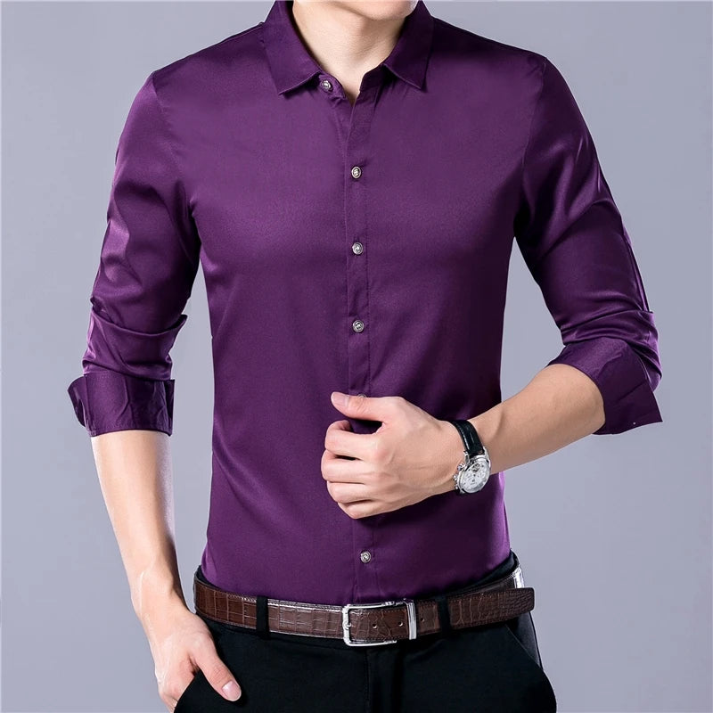 Men's Stretch Twill Long Sleeve Shirt | Plaid Pattern | Slim Fit | Business Casual | Turn-Down Collar | 6 Colors | S-XXXL