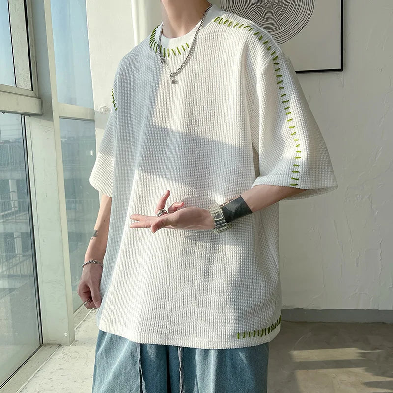 Men's Manual Suture Patchwork Harajuku T-Shirt | Oversized Neutral Casual Tee | Half Sleeve | Breathable Polyester | 3 Colors | Asia M-XXL