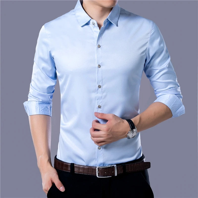 Men's Stretch Twill Long Sleeve Shirt | Plaid Pattern | Slim Fit | Business Casual | Turn-Down Collar | 6 Colors | S-XXXL