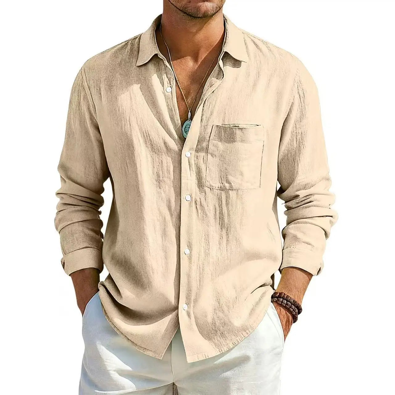 Men's Linen Cotton Casual Shirt | Turn-Down Collar | Long Sleeve | Old Money Style | 10 Colors