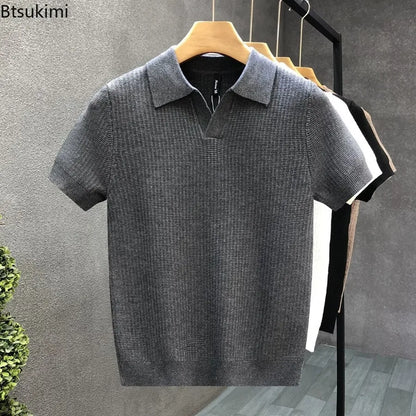 2026 Men's Summer Polo Shirt Korean Style Slim Wrinkle Resistant Collar Solid Color T-Shirts Casual Thin Sleeve Trendy Knit Tops