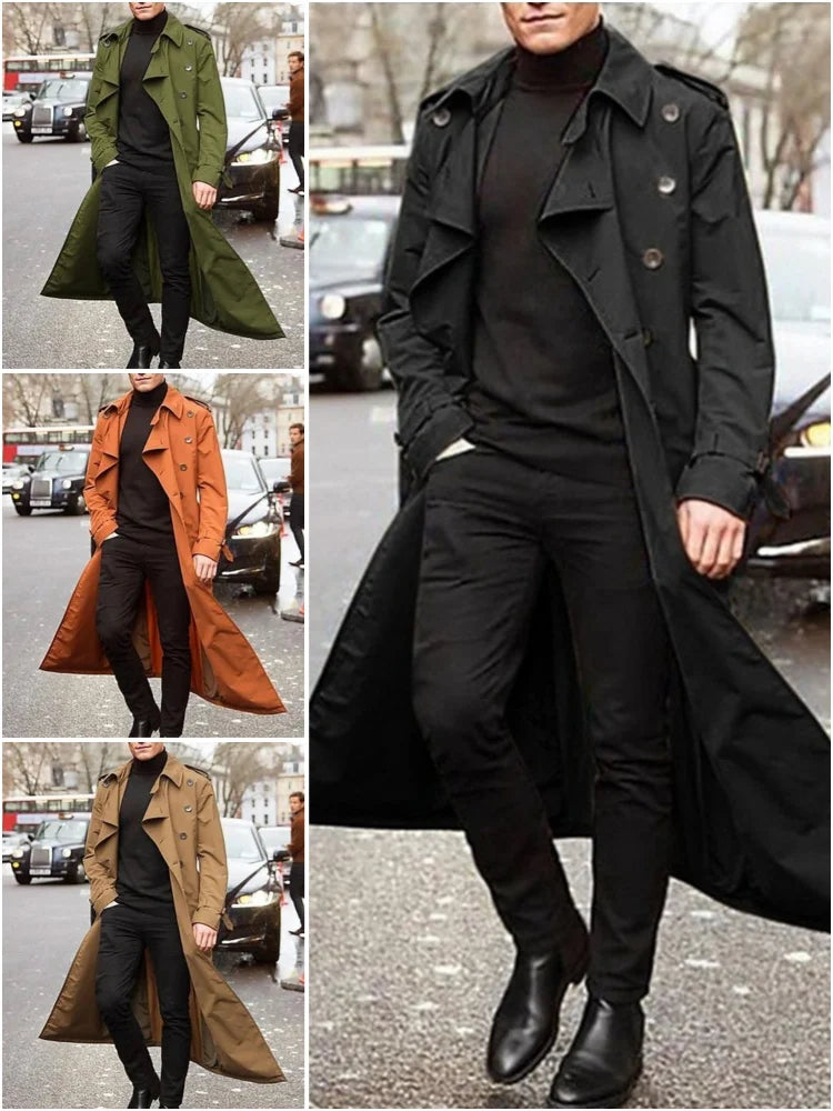Men's British Style Trench Coat | Double Breasted Overlong Epaulet Jacket | S–XXL
