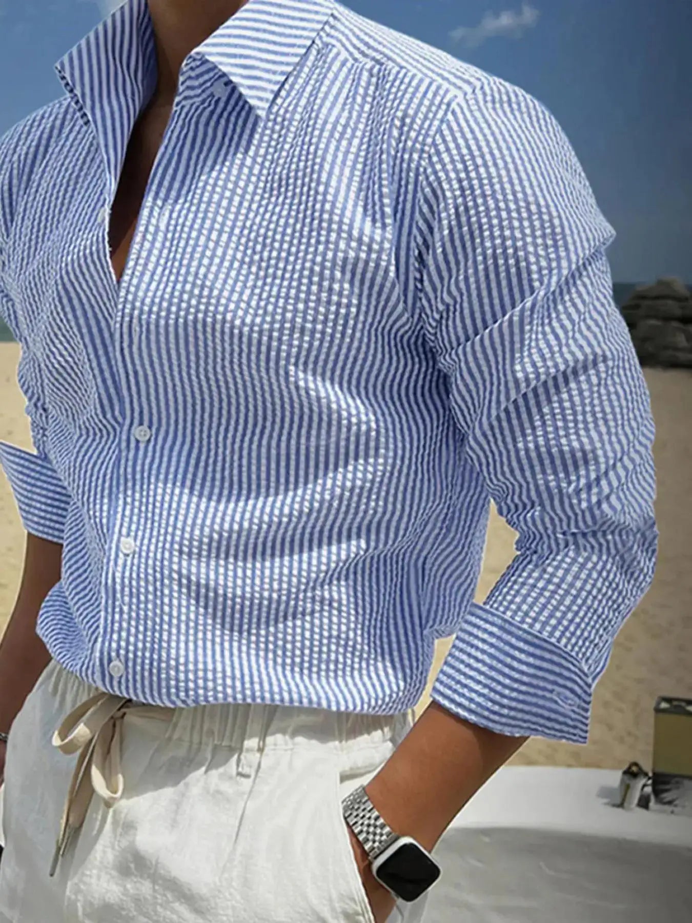 Men's Long Sleeve Striped Casual Shirt | Loose Fit | Single Breasted | Lightweight Polyester | 7 Colors | S-XXL | Spring & Autumn