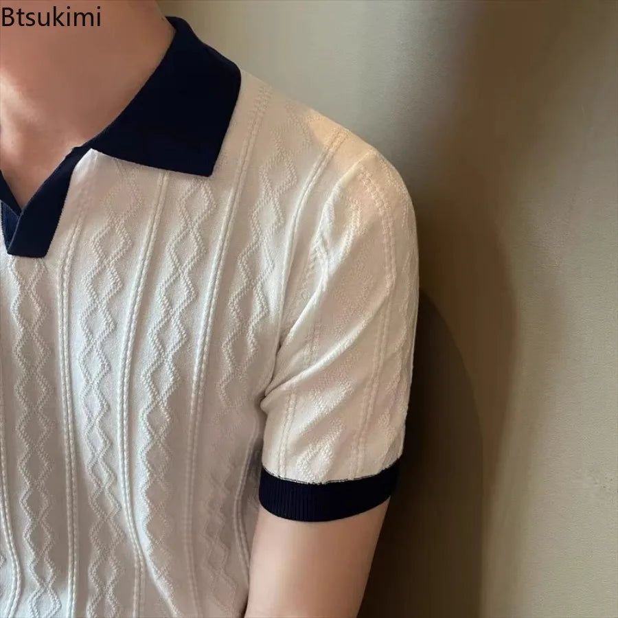 Luxora Men's 2026 Knitted Jacquard Polo Shirt — Slim Fit Breathable Lapel Tee | Summer Casual & Smart Casual | Navy Blue & White