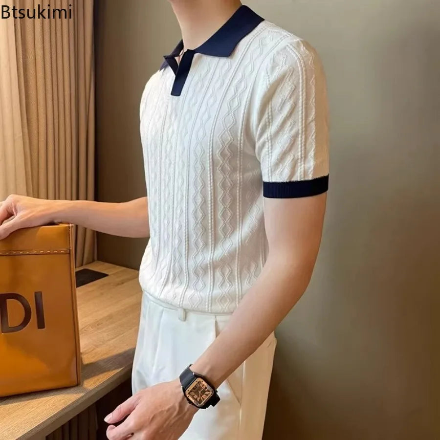 Luxora Men's 2026 Knitted Jacquard Polo Shirt — Slim Fit Breathable Lapel Tee | Summer Casual & Smart Casual | Navy Blue & White
