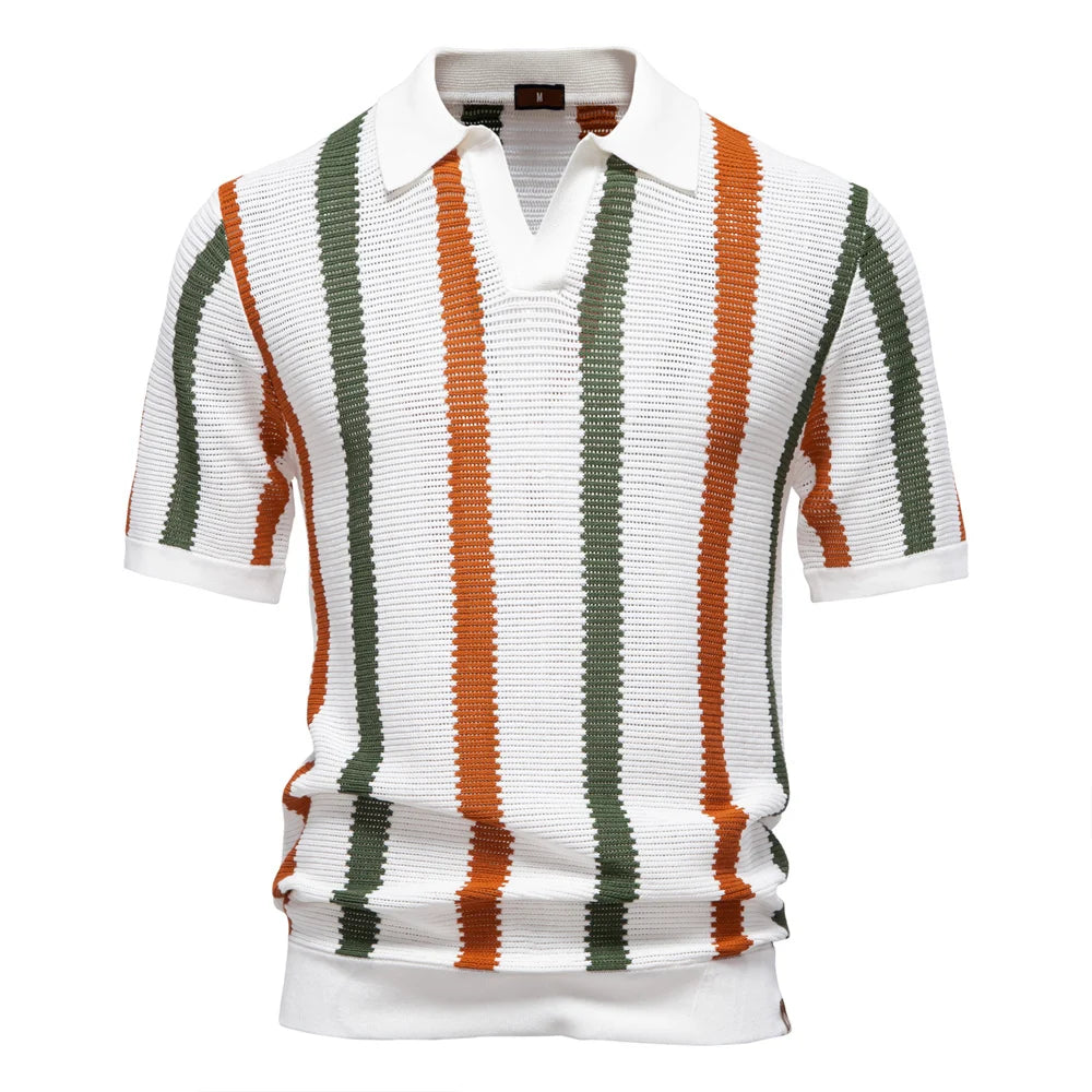 Men's Ribbed Knit Striped Polo Shirt | Breathable Contrast Color Casual Polo | S–XXL (EUR Sizing)