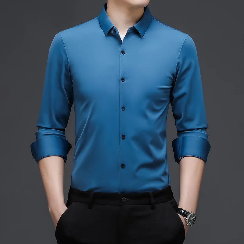 Men's Stretch Twill Long Sleeve Shirt | Plaid Pattern | Slim Fit | Business Casual | Turn-Down Collar | 6 Colors | S-XXXL