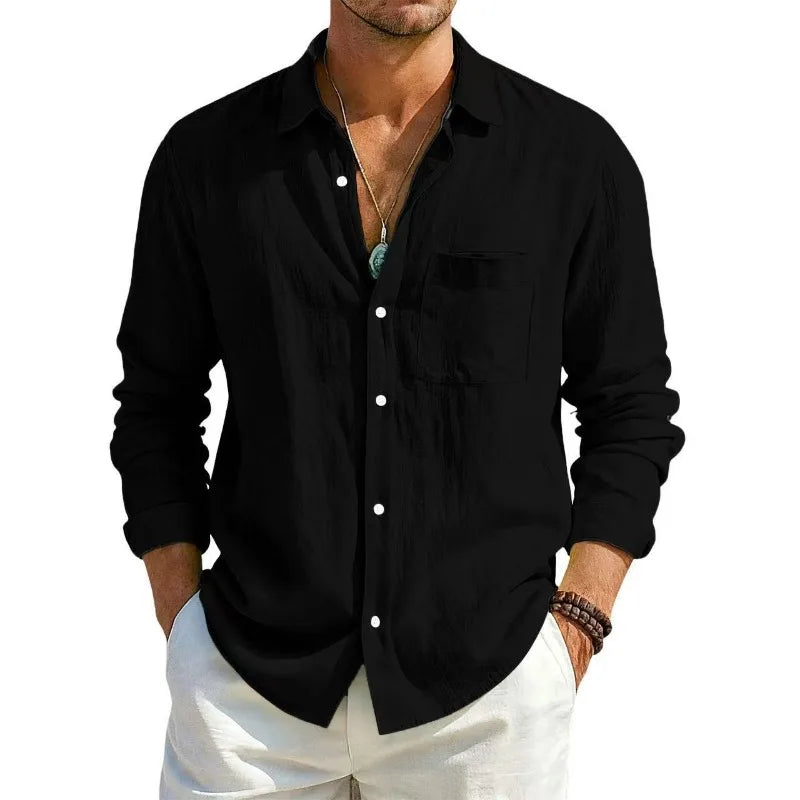 Men's Linen Cotton Casual Shirt | Turn-Down Collar | Long Sleeve | Old Money Style | 10 Colors