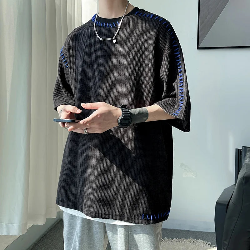 Men's Manual Suture Patchwork Harajuku T-Shirt | Oversized Neutral Casual Tee | Half Sleeve | Breathable Polyester | 3 Colors | Asia M-XXL
