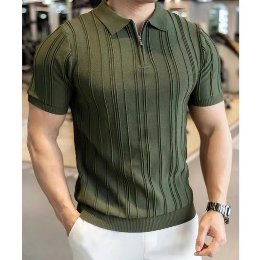 Men's Jacquard Knit Polo Shirt | Vintage American Zipper Short Sleeve Elastic Cotton Top | M–XXXL