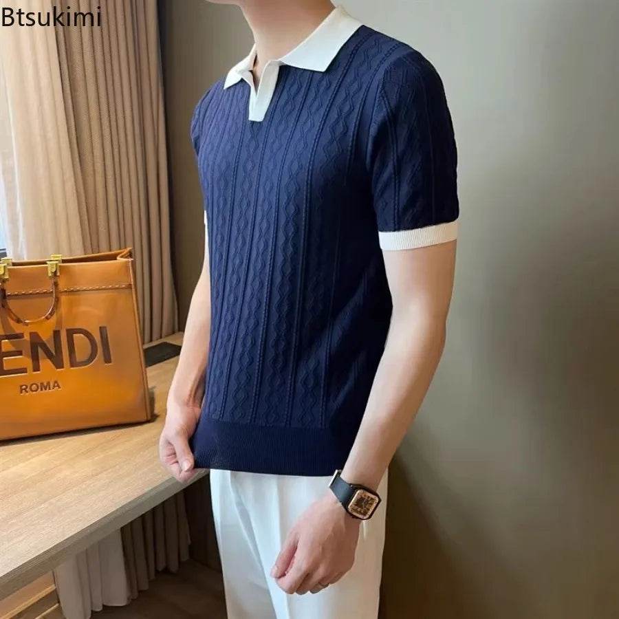 Luxora Men's 2026 Knitted Jacquard Polo Shirt — Slim Fit Breathable Lapel Tee | Summer Casual & Smart Casual | Navy Blue & White