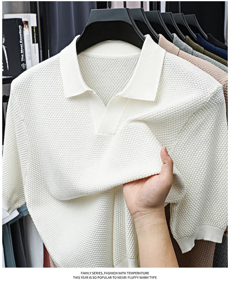 Men's Premium 100% Cotton Lapel Polo Shirt — Knitted, Short Sleeve, Casual & Versatile Summer Top